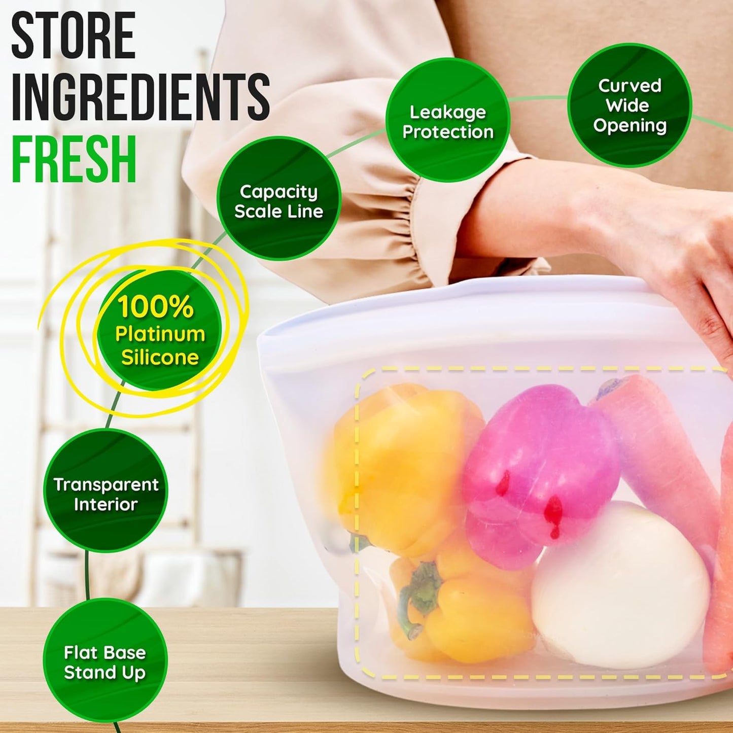 Reusable Silicone Food Storage Bags 2.1Cup (17oz), Airtight food Storage Containers Food Grade Silicone Snack Bags, BPA Free Food Storage Container, Microwave Safe, Sous Vide Container, White