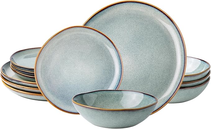 AmorArc Ceramic Dinnerware Sets,Handmade Reactive Glaze stoneware Plates and Bowls Sets,Highly Chip and Crack Resistant | Dishwasher & Microwave Safe,Service for 4 (12pc)