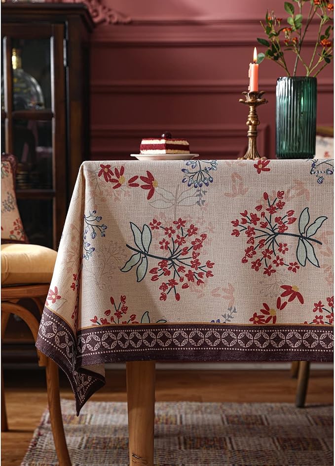 patdrea Designer French Linen Extra Long Tablecloth for Rectangle Table,Vintage Red Floral Tablecloths,Table Cover for Kitchen Dining,Tea Party,Christmas,Thanksgiving,Holiday,67"x118"-Newmari