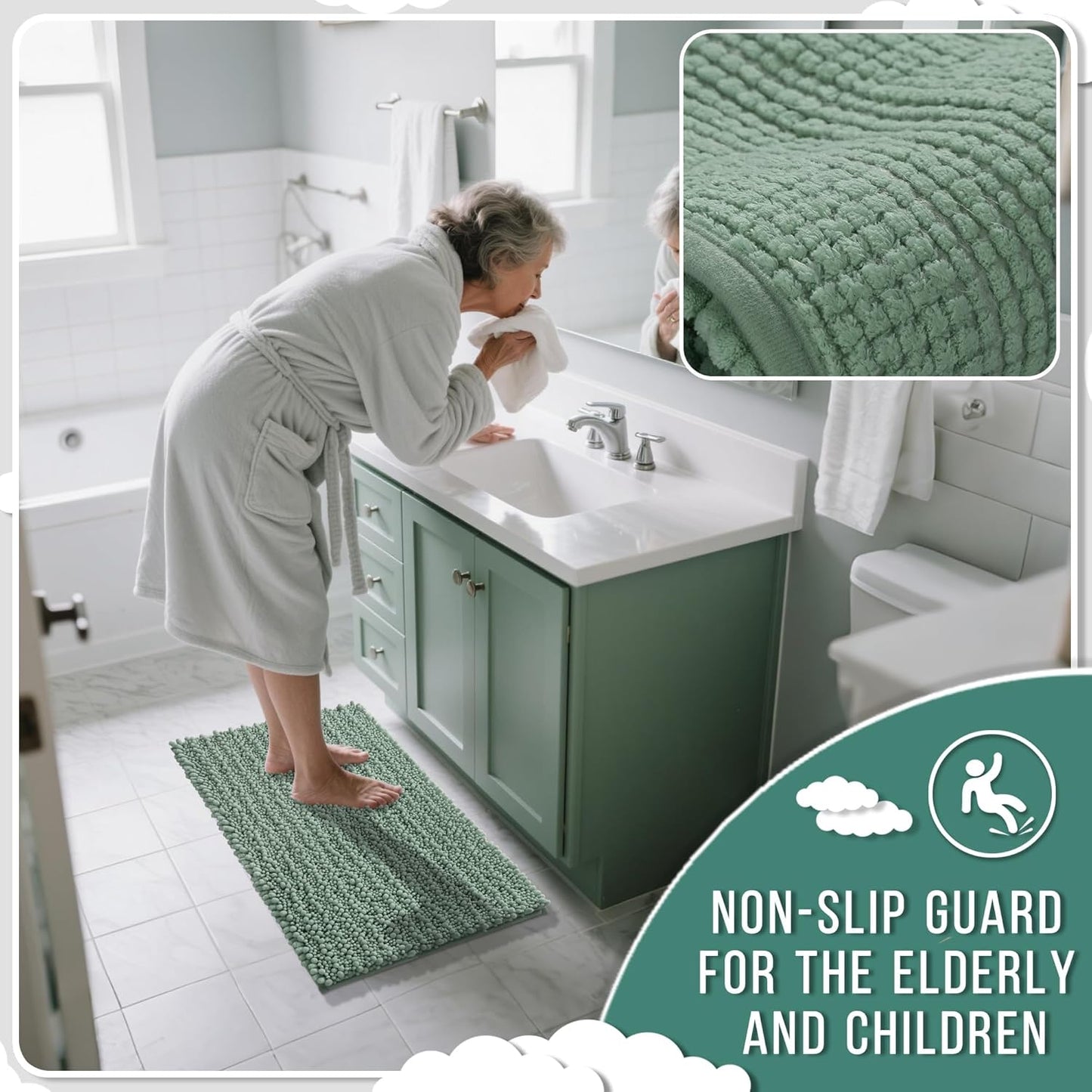 Yimobra Bathroom Rugs Non Slip Washable 32x20 Inch - Ultra Soft Absorbent Chenille Bath Mat, Quick Dry Shaggy Floor Carpet for Tub Shower, Green Home Decor Accessories