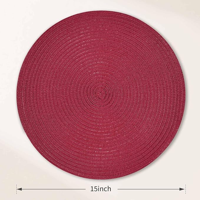 FunWheat Round Braided Placemats Set of 8 Place mats for Dining Tables Woven Heat Resistant Table Mats 15 inch (Wine,8pcs)