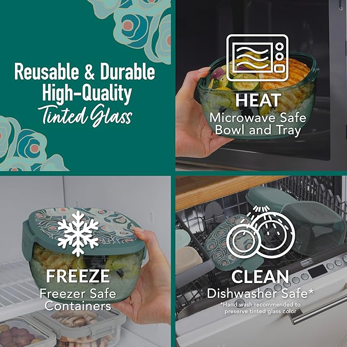 Bentgo Glass Prints All-in-One Salad Container - 61oz Tinted Glass Salad Bowl with Lid, Bento-Style Tray, Sauce Container, & Reusable Fork - Dishwasher & Microwave Safe (Floral Maximalist - Sea)