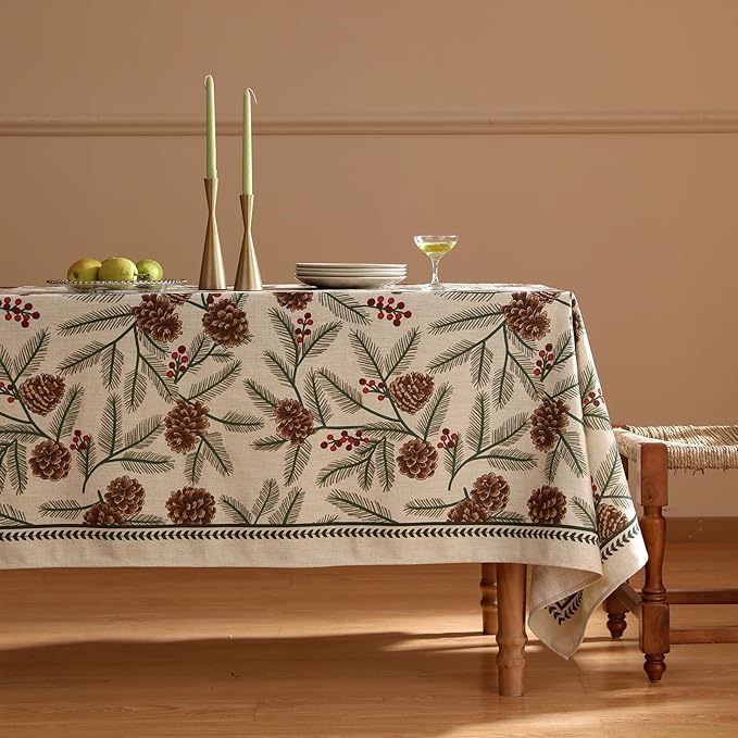 ISAENNE Designer Christmas Beige Linen Rectangular Tablecloth,Pinecones Pattern Indoor Tablecloths,Washable Decor Table Cloth for Dining Thanksgiving Kitchen Christmas,55"*87"-Carol B