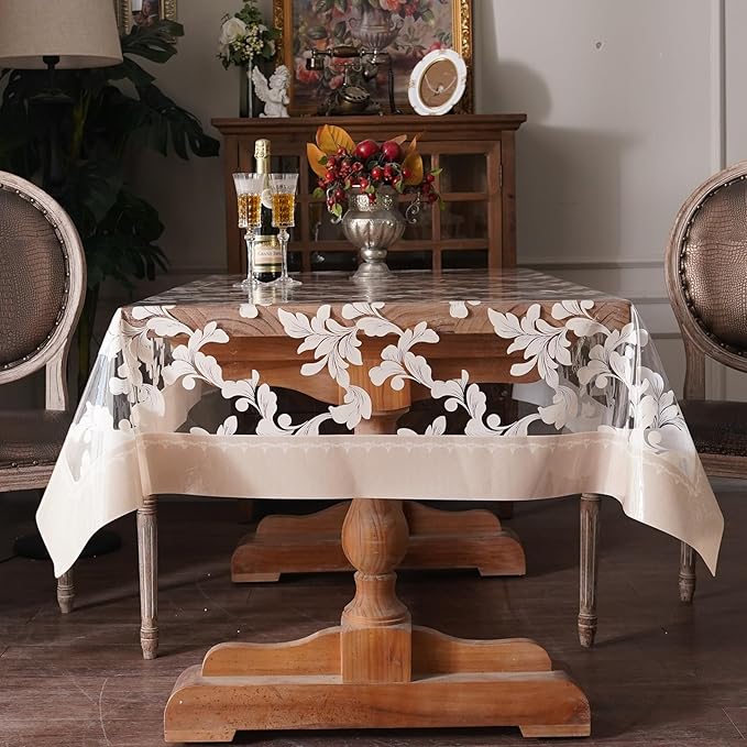 Vinyl Table Cloth Rectangle Clear Table Cover Protector with Block Printed Pattern Oil Spill Proof Farmhouse Rustic Plastic Table Covers for Dining Tables (Scroll Grass, 55 x 104 Inches)