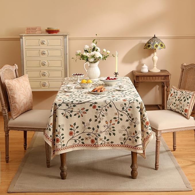 ISAENNE Designer Floral Small Square Tablecloth,French Linen Light Beige Indoor Table Cloth,Fall Wrinkle Resistant Decor Tablecloths for Dining Thanksgiving Kitchen Party,55"*55"-Flora A