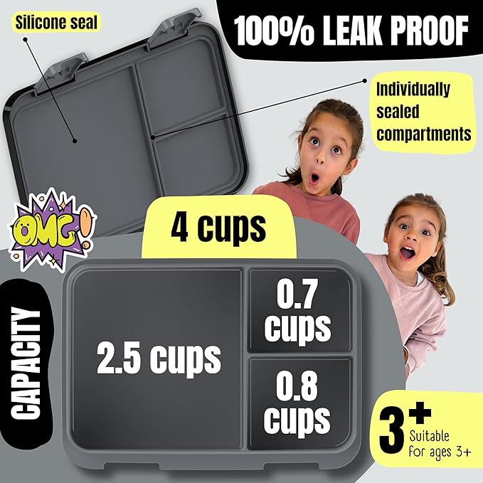 BEARFOOT Kids Lunch Box with Compartments – Compact & Lightweight | Leak-Proof, BPA-Free, Dishwasher & Microwave Safe | Hand-Drawn Design for Preschool, School, Travel (Black, 4 Cups)