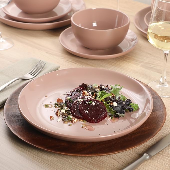 Gibson Home Rockaway 12 Piece Plates and Bowls Matte Outside/Shiny Inside Glaze Service for 4 Dinnerware Set - Pink - Dishwasher and Microwave Safe