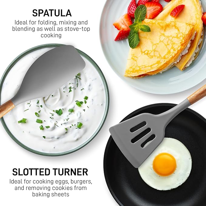 Zulay Kitchen Utensils Set Non-Stick Silicone Cooking Utensils Set with Authentic Acacia Wood Handles - 5 Piece Silicone Utensil Set - Kitchen Utensils Set with 464°F Heat Resistance - Gray