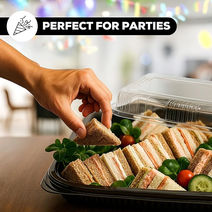 25 Pack Catering Trays with Lids – 17" Serving Tray with Lid, Heavy Duty Recyclable Plastic Party Platters for Catering, Buffet, Picnics & Events – Food Tray with Clear Lid (17.72 x 12.20 x 2.95 inch)