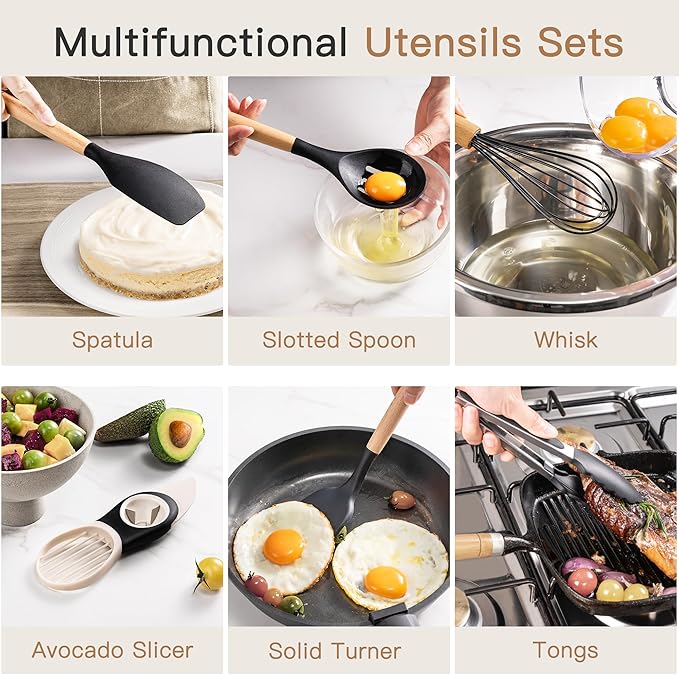 Astercook 39 PCS Kitchen Utensils Set, Silicone Cooking Utensils Set with Wooden Handle, 446°F Heat Resistant Food Grade Utensil Sets, BPA Free Kitchen Gadgets Tools Set for Nonstick Cookware (Black)