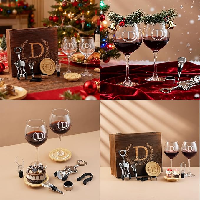 GZLDGIFTS Personalized Initial Wine Glasses Box Gift Set For Women Mom Engraved Birthday Monogrammed Wooden Christmas Wedding Anniversary Wine Couples Stopper Opener Initial Letterr (B Set)