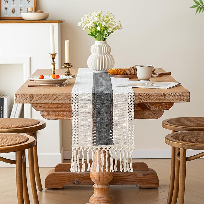 FEXIA Boho Table Runner for Home Decor with Tassels 90 Inches Long,Grey Farmhouse Rustic Table Runner Macrame Burlap Table Decoration for Living Room Bridal Shower(12x90 Inches)