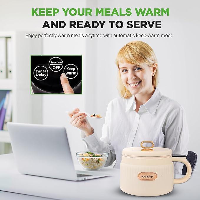 NutriChef 1.6 QT Portable Electric Rice Cooker & Lunch Maker | Multi-Functional & Non-Stick Ceramic Coating | Digital Control Panel | 6 Cook Functions: Rice, Soup, Stew, Porridge & More | White