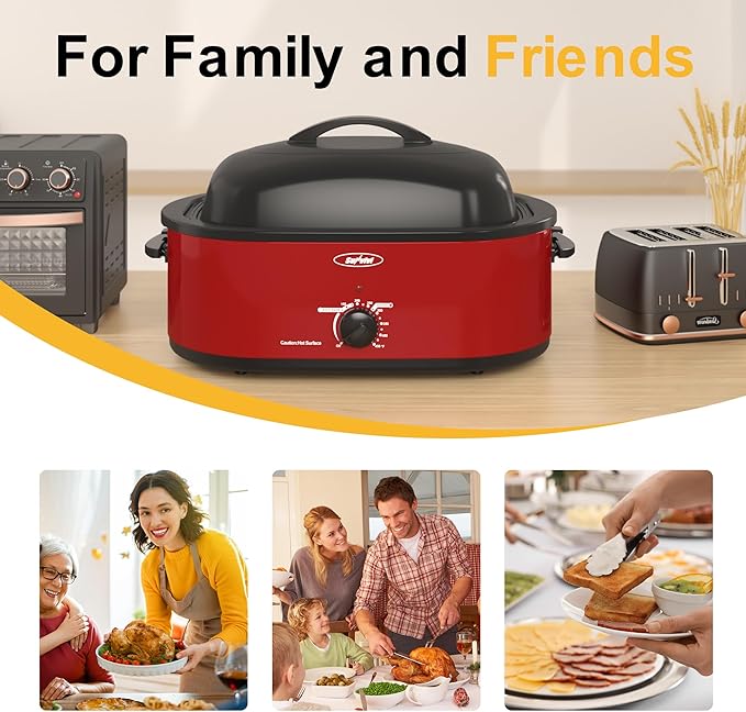 Sunvivi Roaster Oven with Self-Basting Lid,20 Quart Electric Roaster with Removable Pan & Rack,150-450°F Full-Range Temperature Control with Defrost/Warm Function,Stainless Steel,Red