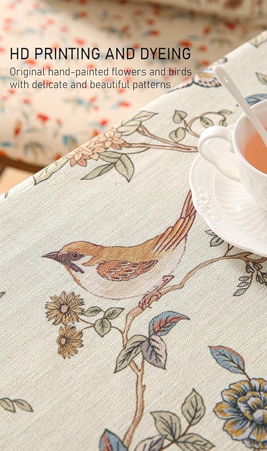 ISAENNE Designer French Light Beige Long Tablecloth Rectangle,Linen Florals and Birds Pattern Table Cloth,Anti-Wrinkle Decorative Tablecloths for Dining Thanksgiving Kitchen,63"*94"-Cornucopia