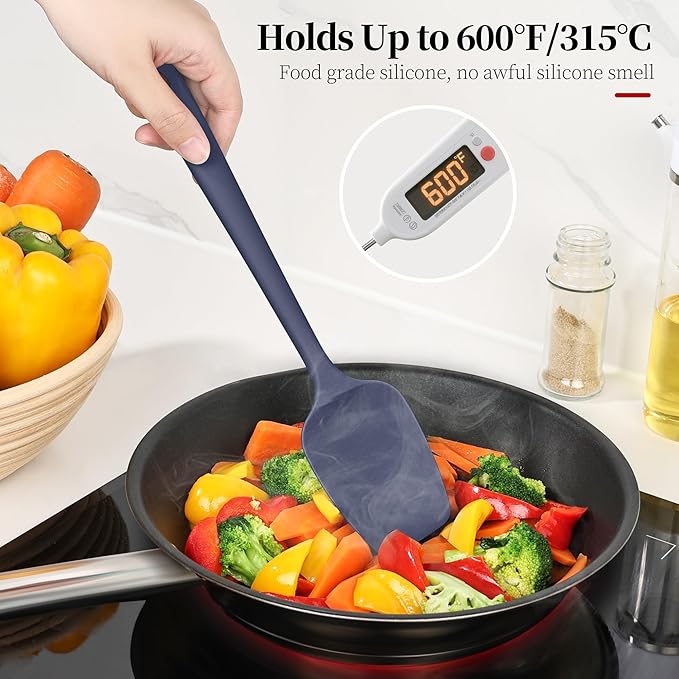 600ºF Heat Resistant Spatulas, High Heat Food Safe Semless Kitchen Silicone Scraper Set for Cooking Baking Mixing Scraping Stirring Nonstick Cookware Pan Bowl (3Pcs,Midniaht Blue)