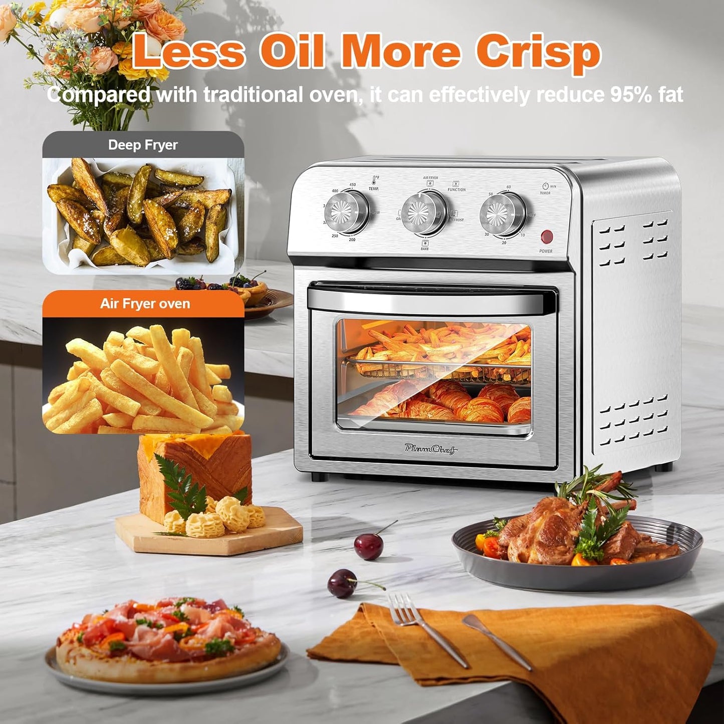 PlumChef 13 Quart 4 Slices Air Fryer Convection Toaster Oven, 1500W, Multifunction Oven for Roast, Bake, Grill, Broil, Toast（stainless steel）