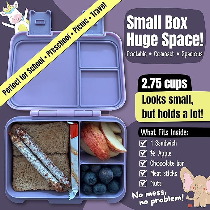 BEARFOOT Kids Lunch Box with Compartments – Compact & Lightweight | Leak-Proof, BPA-Free, Dishwasher & Microwave Safe | Hand-Drawn Design for Preschool, School, Travel (Llama Purple, 2.75 Cups)