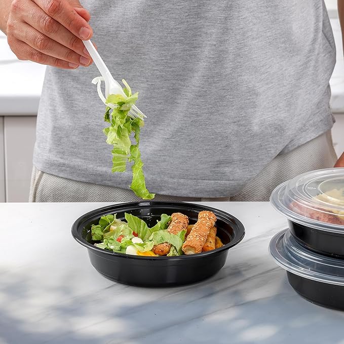 Comfy Package [Case of 150 24 oz. Round Meal Prep Containers Reusable - Microwaveable, Dishwasher and Freezer Safe, BPA-Free, Portion Control and Convenience Food Storage with Lids, Stackable