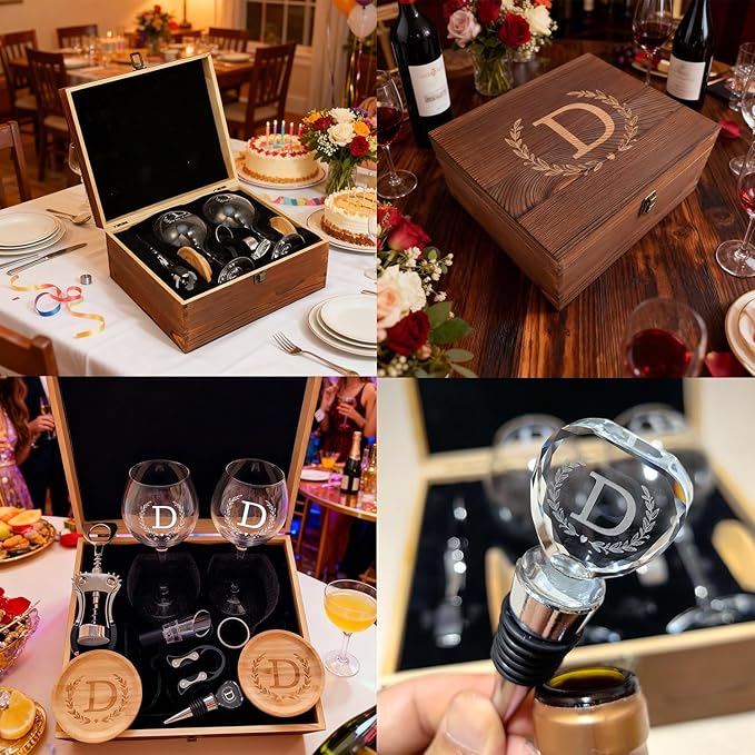 GZLDGIFTS Personalized Initial Wine Glasses Box Gift Set For Women Mom Engraved Birthday Monogrammed Wooden Christmas Gifts Wedding Anniversary Wine Couples Stopper Opener Initial Letterr (M Set)