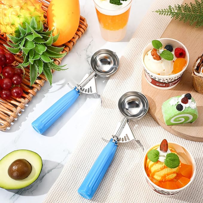 Reallnaive 2 Pcs Release Cookie Scoops Ice Cream Scooper with Trigger Release Portion Scoop Stainless Steel for Portion Control, Baking Food, Cookie Dough (2 oz,Blue)
