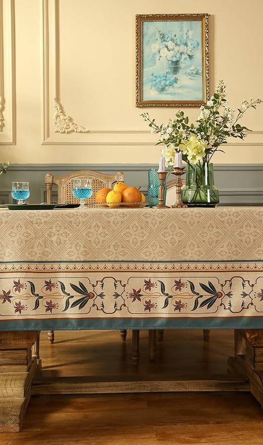 patdrea Designer French Linen Extra Long Tablecloth for Rectangle Table,Beige Anti-Wrinkle Floral Farmhouse Table Cloth,Decor Covers for Kitchen Dining,Party,Christmas,Thanksgiving,67"x118"-Fram