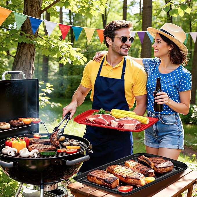 Serving Trays for Party - Set of 6, Large Serving Platters for Raw and Cooked Food, Dishwasher Safe, 17×10.5-inch Stackable Plastic Party Supplies for Grilling, BBQ, Meal Prep (Red, Black)
