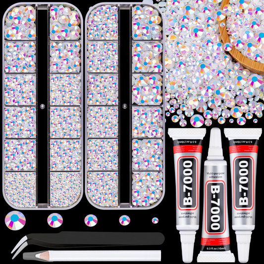 TINKRSTUFF Resin Jelly Rhinestones for Crafting with B7000 Jewelry Glue, 2 Boxes White AB Flatback Crystals with 3Pcs 10ml Glue, Bedazzling Non Hotfix Gems for DIY Tumblers Clothing Shoes Manicure