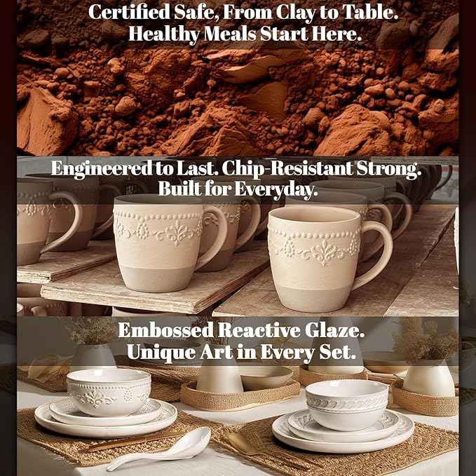 Artena Plates And Bowls Sets, 16 Pieces Dinnerware Sets, Dish Set For 4, Ceramic Kitchen Bowl And Plate Set, Embossed White Dishware Sets, Dishwasher & Microwave Safe (Wheat Leaf)
