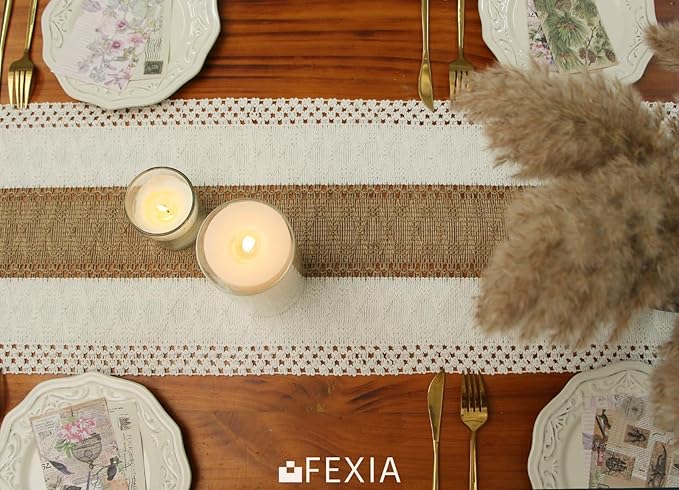 FEXIA Boho Table Runner for Thanksgiving Home Decor 48 Inches Long Farmhouse Rustic Table Runner Cream & Brown Macrame(Without Tassel) for Dining Bedroom Decor Rustic Bridal Shower (12x48 Inches)