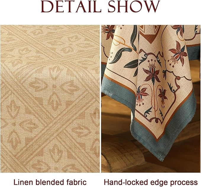 patdrea Designer Linen Extra Long Tablecloth for Rectangle Table,Beige Anti-Wrinkle Durable Floral Farmhouse Table Cloth,Decor Covers for Kitchen Dining,Christmas,Thanksgiving,63"x110"-Fram