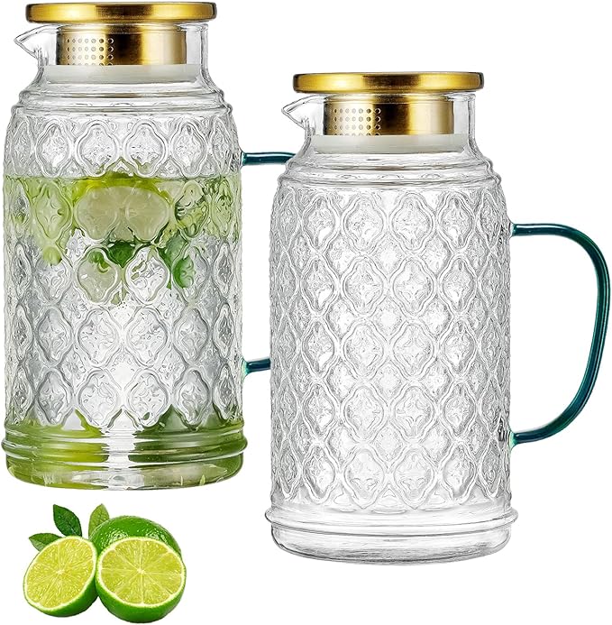 Buaic Glass Pitcher with Lid, 2 PACK 68 oz/2 Liter Vintage Water Pitcher, Clear Borosilicate Glass Water Carafe for Cold Brew, Coffee, Lemonade, Iced Sun Tea,Beverage, Milk, Heat Resistant