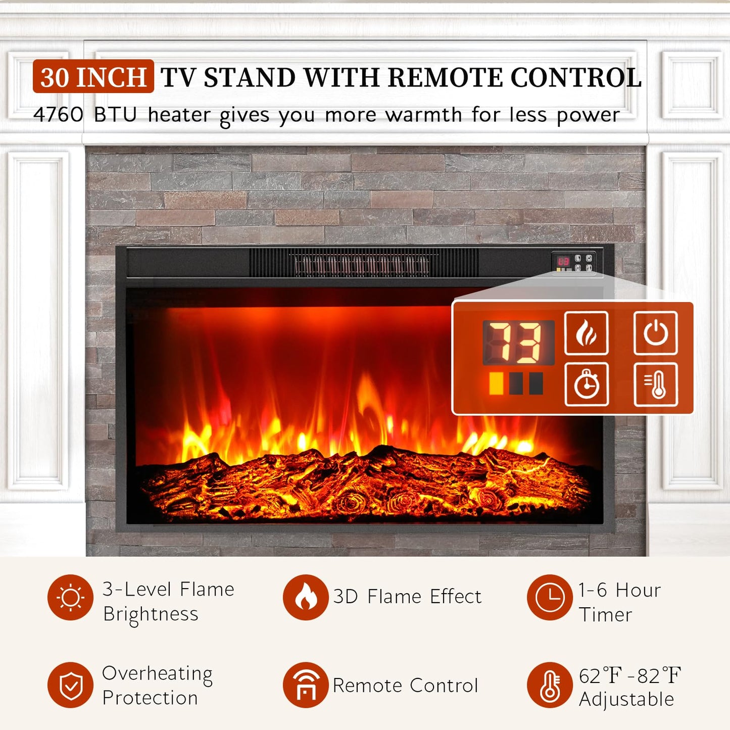 80" Electric Fireplace with Mantel, Fireplace TV Stand for TVs Up to 90 Inch, Modern Entertainment Center with Storage, Realistic Stacked Stone Surround with Remote Control for Living Room, Bedroom