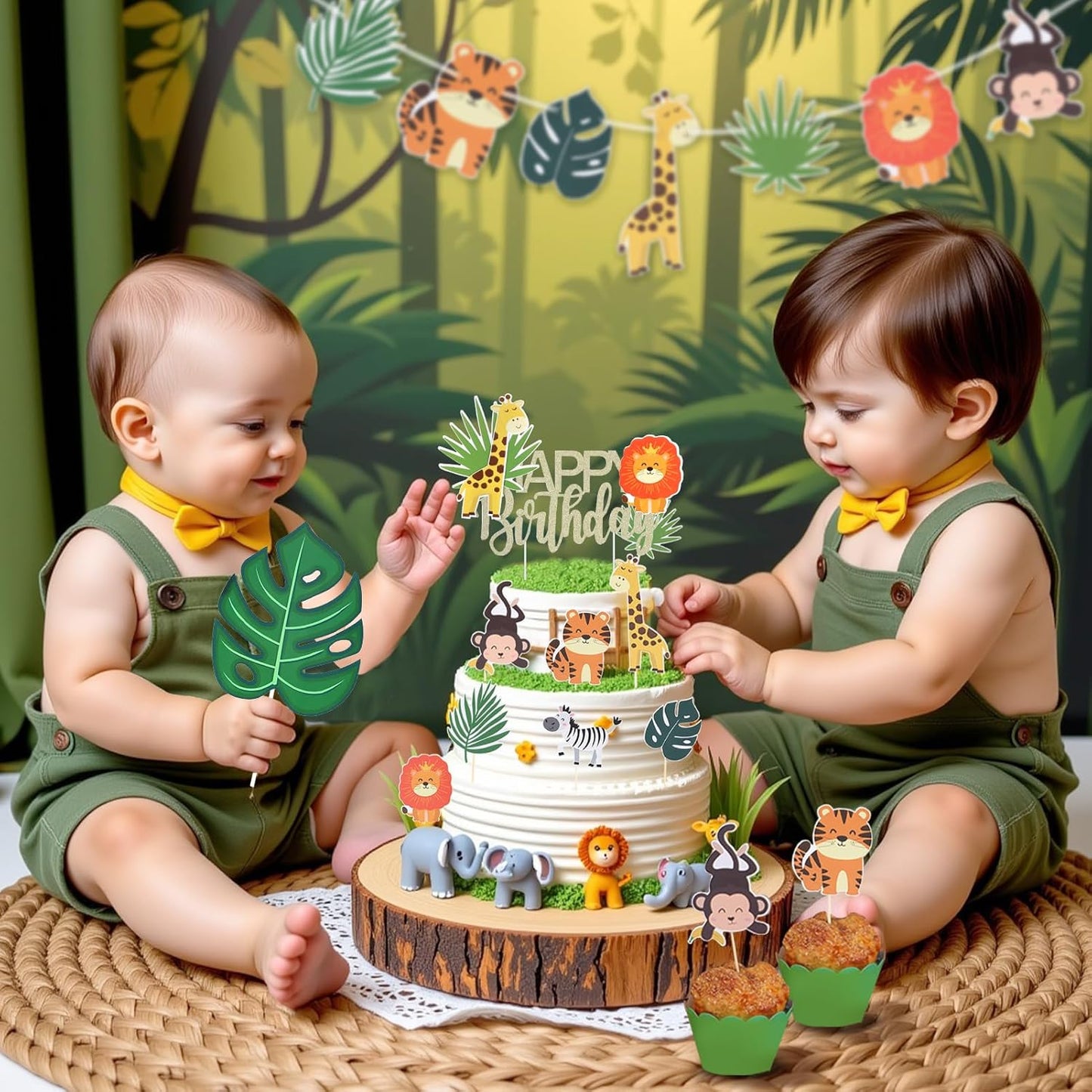 Safari Animal Cake Topper, Wild One Birthday Decorations,Safari Baby Shower Decoration,with Tropical Leaves,Cute Jungle Animals Cake Decor, for Girls Boys, Wild Theme Birthday Party Supplies