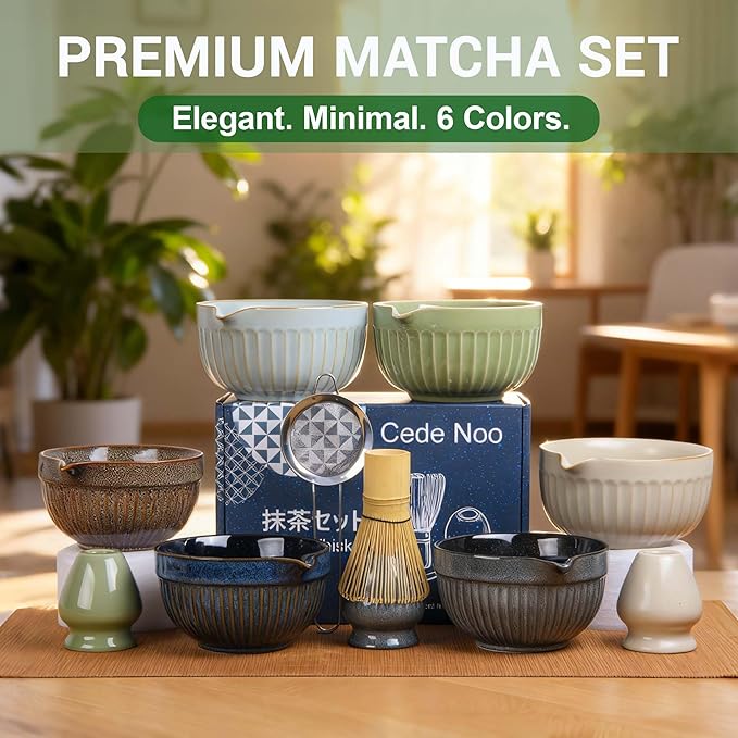 Matcha Whisk Set, Ceramic Matcha Bowl with Spout, Bamboo Whisk, Scoop, Ceramic Holders, Stainless Sifter, Towel, Perfect 7pcs Matcha Starter Kit for Tea Ceremony, Japanese Tea Making Tools (Grey)