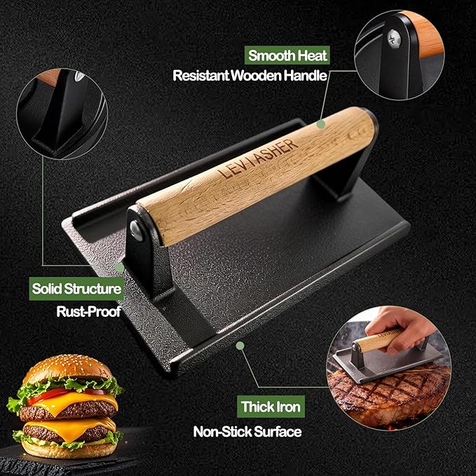 2.2 lb Heavy Duty Cast Iron Grill Press, 7.8X3.9 inch Rectangle Bottom Granular Burger Press with Wood Handle for Blackstone, Chef, Camp, Panini, Vegetable, Bacon, Sandwich, BBQ, 2 Pack