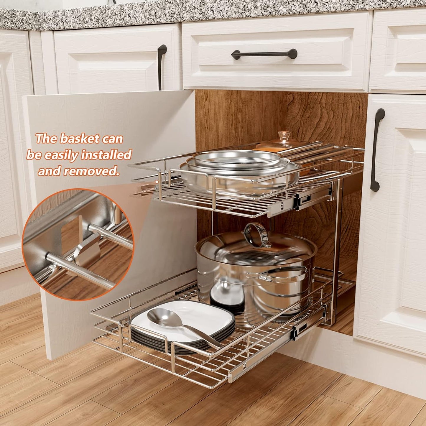 ROOMTEC Individual Pull Out Cabinet Organizer (14" W x 21" D), 2 Tier Spice Rack Organizer for Cabinet, Slide Out Drawer Pantry Shelf Organization and Storage for Kitchen Bathroom