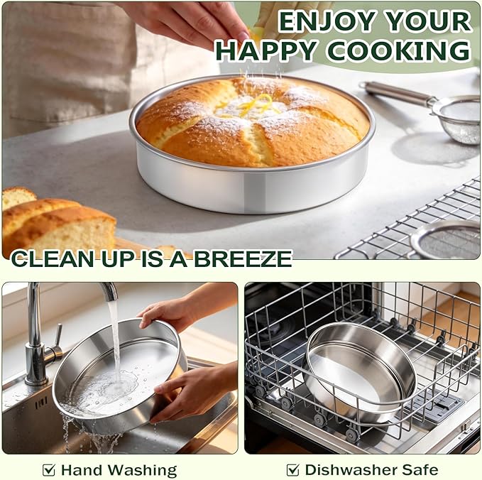 P&P CHEF 9 Inch Cake Pan Set of 4, 4 Pieces Round Layer Cake Baking Pans, Stainless Steel Smash Cake Tin Bakeware for Cooking Steaming, Nontoxic & Sturdy, Oven & Dishwasher Safe