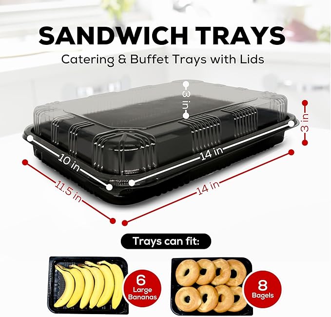6 Pack Catering Trays with Lids – 13" Serving Tray with Lid, Heavy Duty Recyclable Plastic Party Platters for Catering, Buffet, Picnics & Events – Food Trays with Clear Lid (13.39 × 9.84 × 2.95 inch)