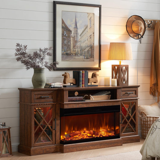 OKD 3-Sided Glass Farmhouse Fireplace TV Stand for TVs up to 80'', Highboy Entertainment Center with Glass Door Storage Cabinet, 70'' Large TV Stands with 36'' Electric Fireplace, Reclaimed Barnwood