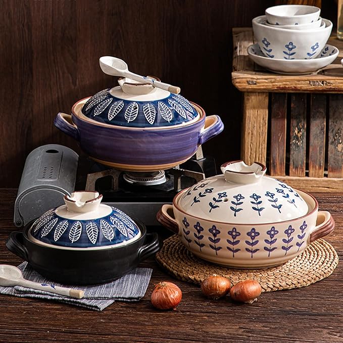 Ceramic Casserole, Japanese Clay Pot Donabe Stone Rice Pot With Lid, Earthen Pot Stockpot Ceramic Casserole Cooker Healthy Cookware Stove Pot Soup Hot Pot(Color:B)
