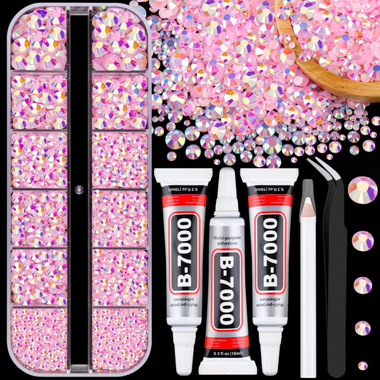 Resin Jelly Rhinestones for Crafting with B7000 Jewelry Glue, 1 Box Light Pink AB Flatback Crystal with 3Pcs 10ml Glue, Bedazzling Non Hotfix Gems for DIY Tumblers Clothing Shoes Manicure