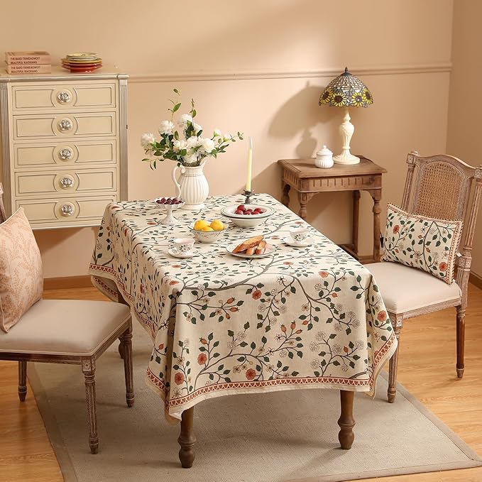 ISAENNE Designer Floral Table Cloth for Rectangle Table,French Linen Light Beige Indoor Tablecloth,Fall Wrinkle Resistant Decor Tablecloths for Dining Thanksgiving Kitchen,55"*79"-Flora A