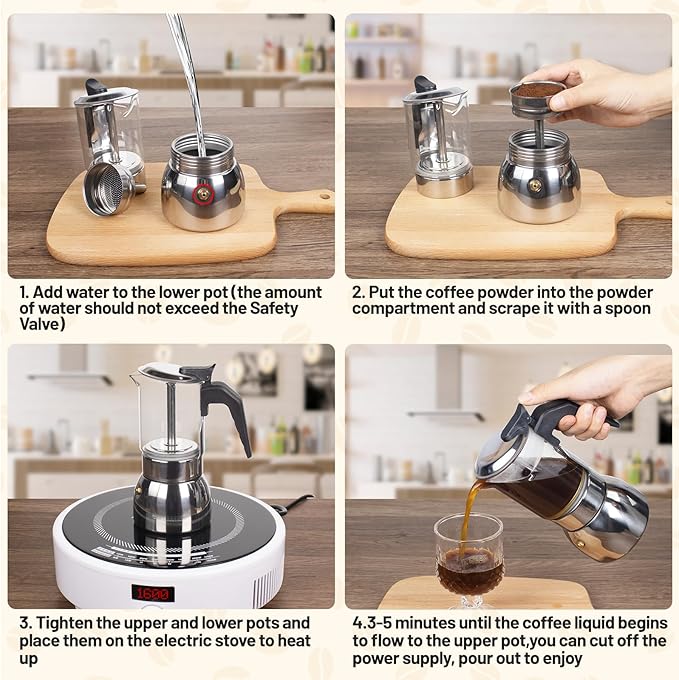 9 Cup Glass Clear Moka Pot Thickened 304 Stainless Steel Stovetop Espresso Maker Italian Coffee Machine 450ml 15oz Classic Mocha Cafe Greca Coffee Suitable for Gas Induction