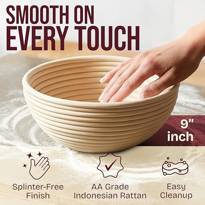 Superbaking 2 pcs Banneton Bread Proofing Basket, 9" Splinter-Free Round Rattan Bread Basket with Liners, Sourdough Starter Kit, Sourdough Bread Baking Supplies & Sourdough Kit, Bread Making Tools