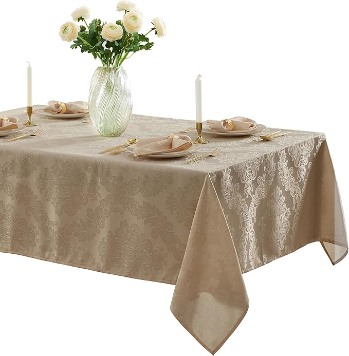 Newbridge Barcelona Luxury Damask Fabric Tablecloth, 60” Wide x 144” Rectangle, Golden Beige, 100% Polyester, No Iron, Soil Resistant Dining Room, Party and Banquet Table Cover