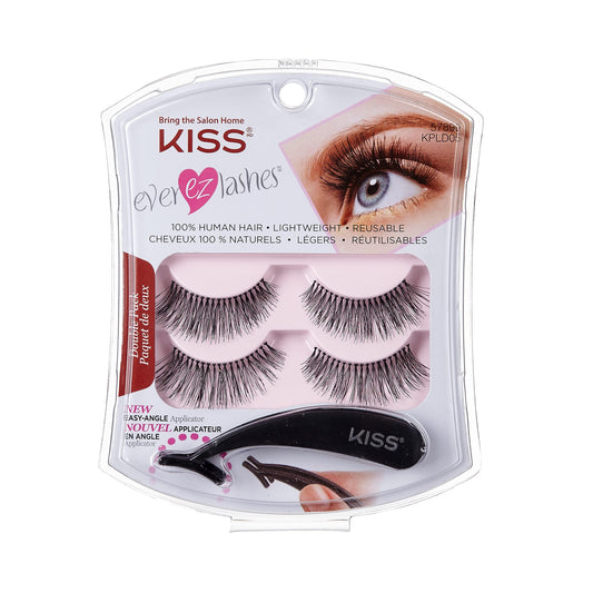 KISS Ever EZ Lashes Double Pack #11 with Easy Angle Lash Applicator, Easy-To-Apply Lightweight False Eyelashes, 100% Cruelty-Free Natural Human Hair, Reusable and contact lens friendly, 2 Pairs Black