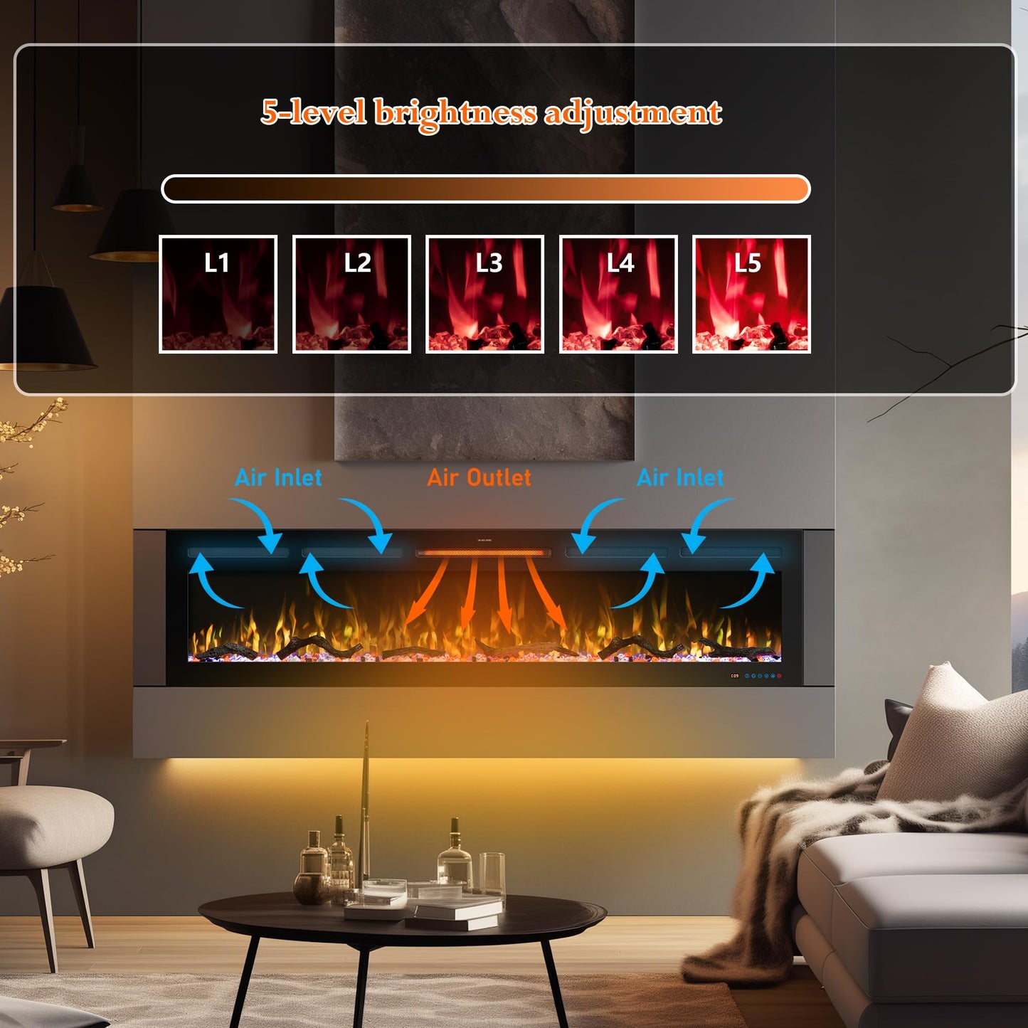 Velaychimney 48" Smart WiFi Electric Fireplace Insert, 13 Flame & Fuel Bed with Automatic Cycle, Fireplace Heater with APP Control & Thermostat, Timer, Recessed and Wall Mounted