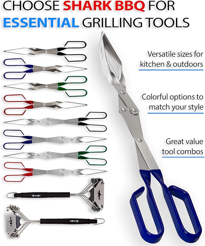 Shark BBQ Grill Tongs - 2-Pack, Great Value - 17" & 13" Professional Kitchen and Outdoor Grilling Utensil Set (Blue)