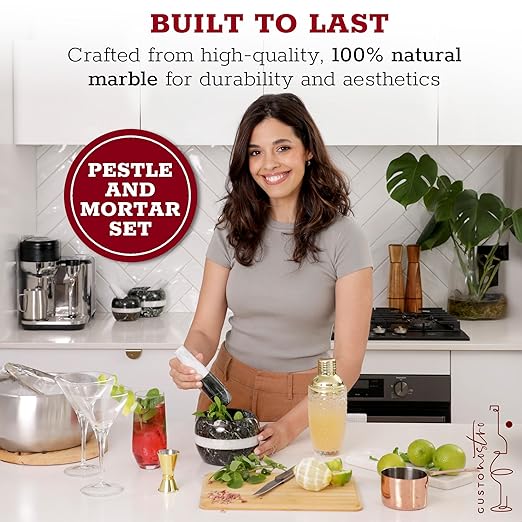 Gusto Nostro Natural Marble Mortar and Pestle Set | 5 Inch - 2.5 Cup Large Mortar Pestle Set for Grinding Herbs, Nuts, Grains | Pesto Grinding and Guacamole Stone Bowl | Marble Spice Crusher